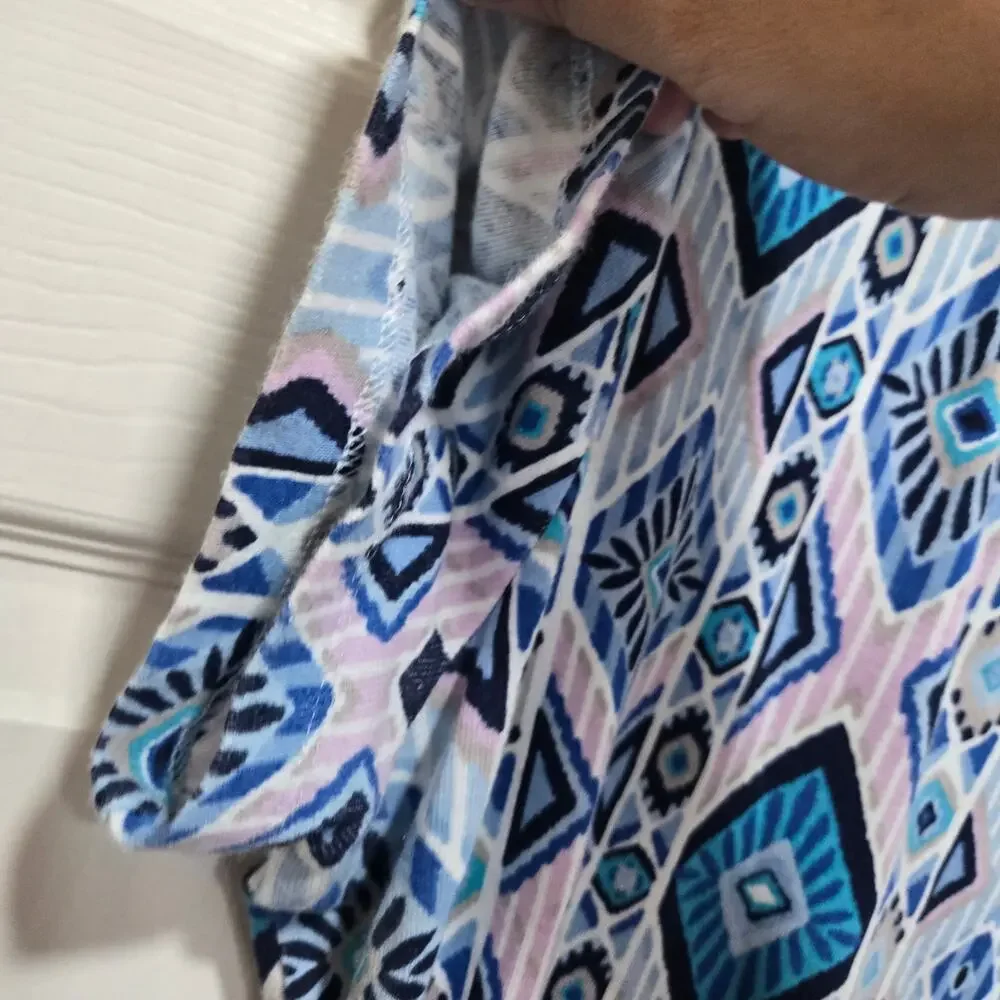 Chicos Geometric Print Top Size 2 Large Blue V Neck Cotton